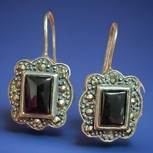 Vintage Sterling Silver 925 Onyx Marcasite Hook Earrings Signed DBJ